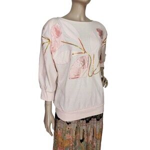 Vintage 80s Bonnie & Bill by Holly Pink Sequined Lotus flowers Boat Neck Sweater